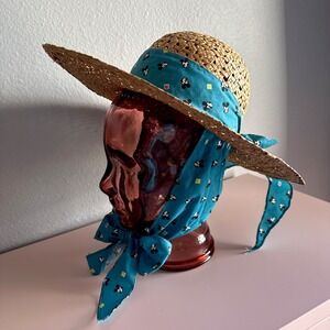 Vintage Disney Goofy Hat Co Straw Sun Hat Mickey Mouse Ribbon w/ Chin Scarf Tie